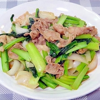 小松菜と豚肉新玉ねぎの焼き肉のたれ炒め